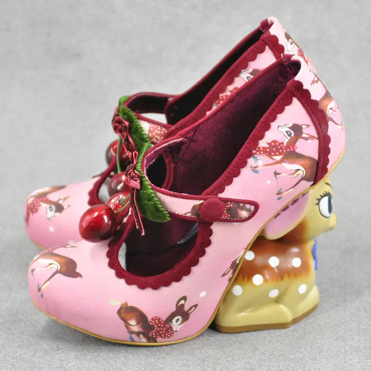 Cute buckle strap deer printing leather shoes irregular little deer heel shoes double cherries high heel shoes