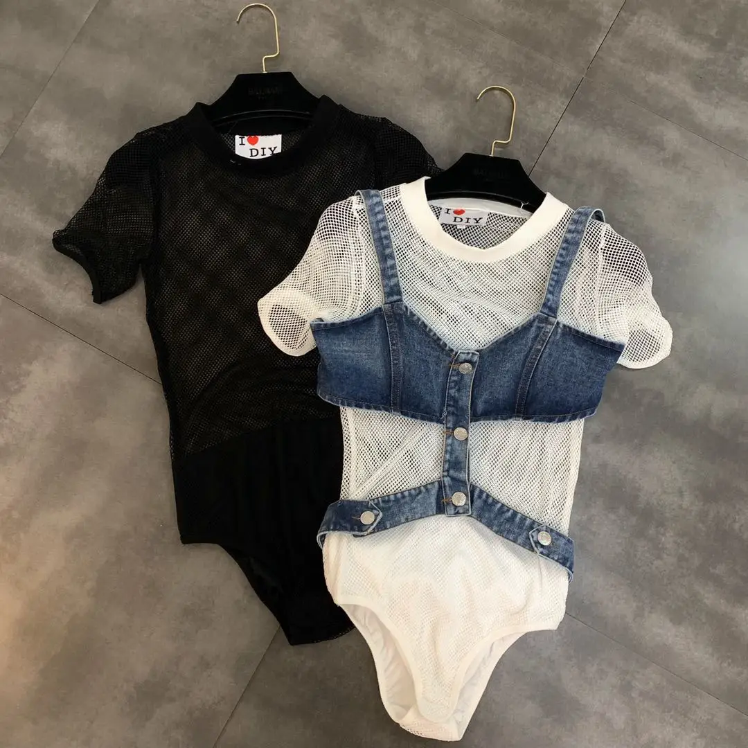 

2019 summer new mesh perspective triangle T-shirt with denim vest two-piece suit