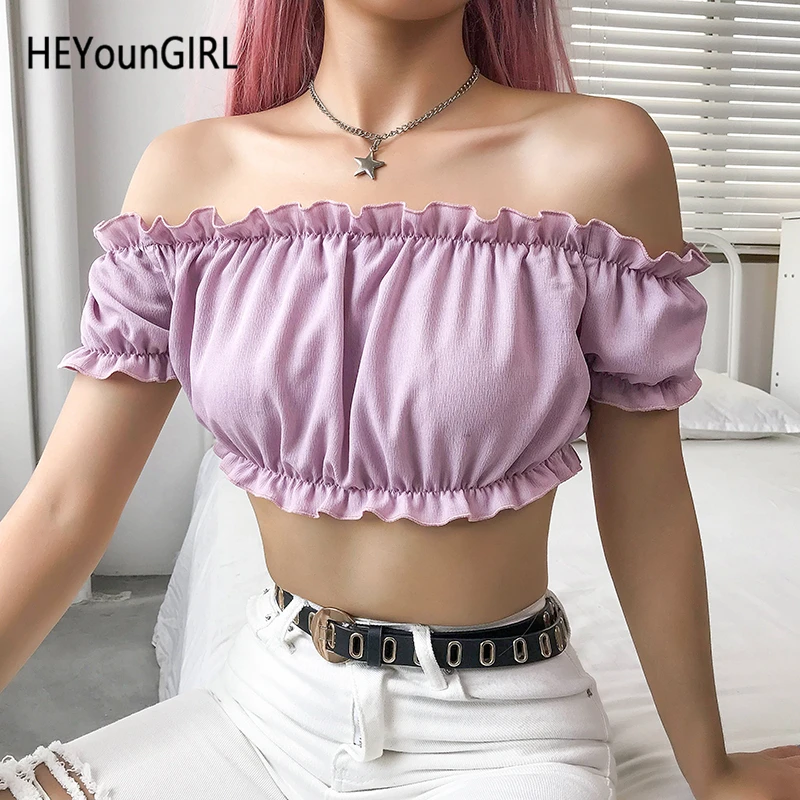 

HEYounGIRL Ruffles Off the Shoulder Tops for Women Backless Sexy Crop Top T Shirt Ladies Korean Tee Shirt Femme Summer Party