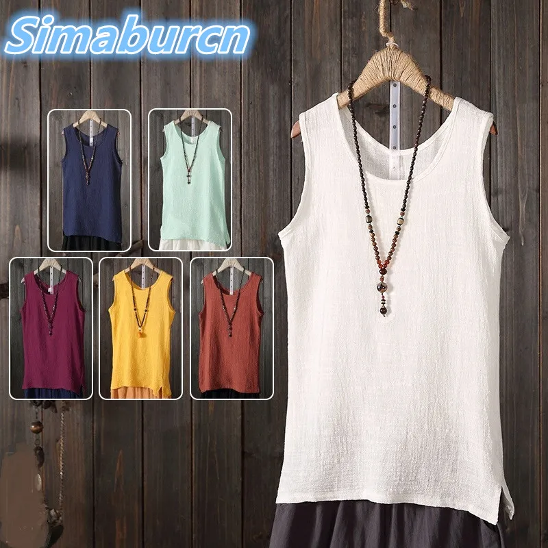 

2018 Casual Style Women Summer Cotton Linen Tops Tees Femme Tank Tops Fashion Solid Color Sleeveless Loose Ladies Clothes
