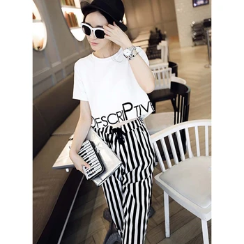 

Women White Printing Tops+stripe Pants Suits Summer Clothes For Women Causal Round Neck Shirt & Slim Elastic Trouser 2 Piece Set