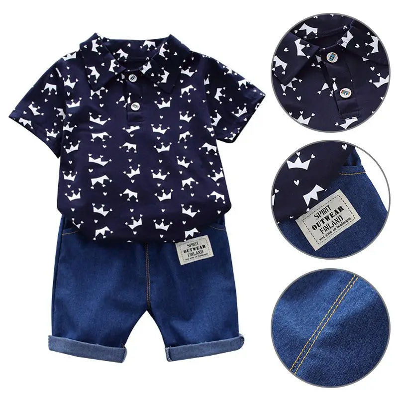 Летний комплект одежды для маленьких мальчиков; рубашка с короткими рукавами и цветочным принтом; блузка; джинсовые шорты; повседневная одежда; детская одежда