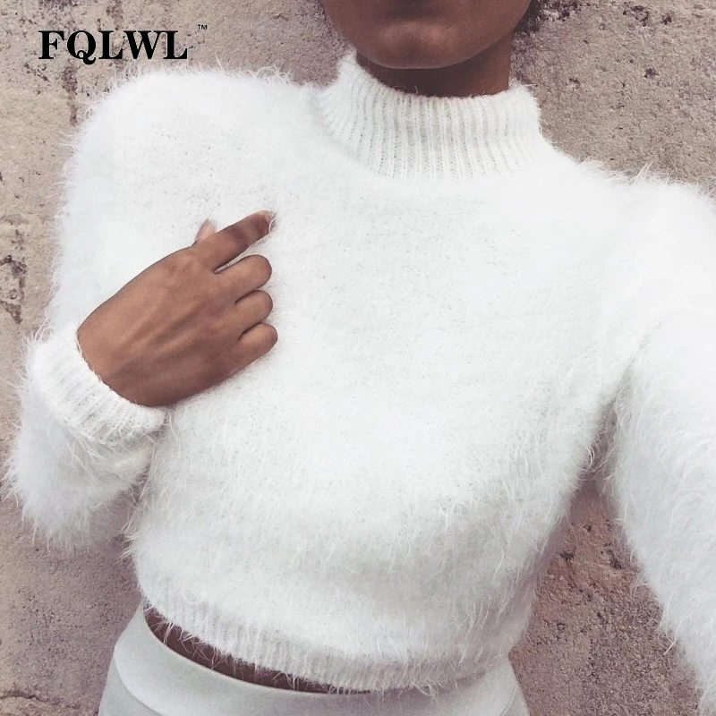 

FQLWL Soft Villus Floss Knitting Sweater Women 2018 Spring Long Sleeve High Neck Knitted Pullovers Casual Fluffy Mohair Sweater