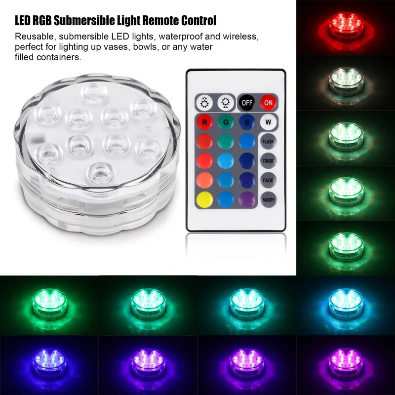 Красочный IP68 RGB 10 светодиодный RGB светильник с дистанционным управлением ваза лампа для вечерние контейнеры бассейн подводный светильник