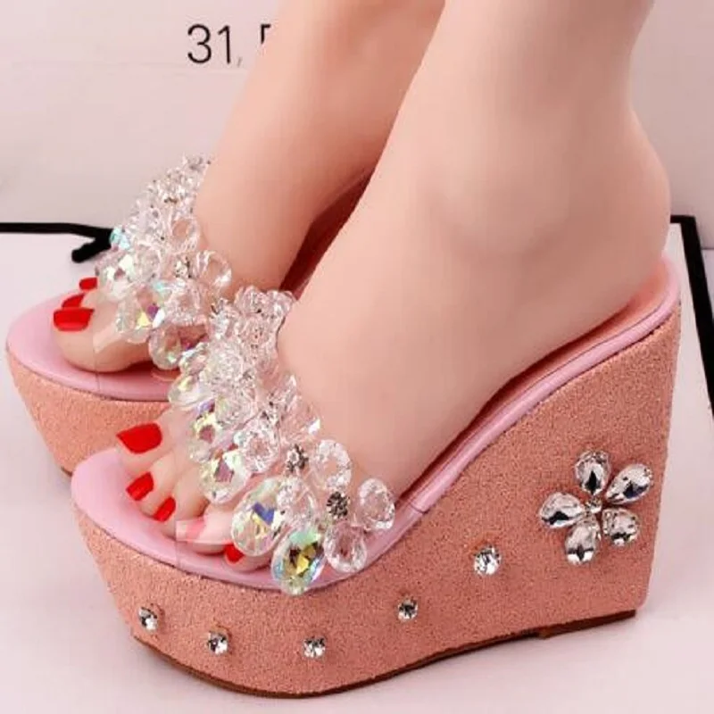 Plattform One white Neue Kristall Keile One Hausschuhe Four Sommer Unteren silver Four Two Frauen Die Hohe white Strass white One Pink Ferse Öffnen Sandalen Stroh pink Three Handarbeit Berg Kappe silver Two pink 2019 Three pink 8xdwB11