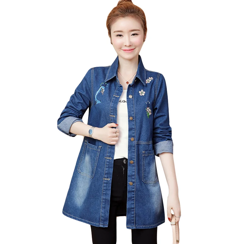 

spring Women Jacket embroidery Denim Coat Women Long Denim Jacket Denim Jacket Loose casual style Women BF wind Basic Coat