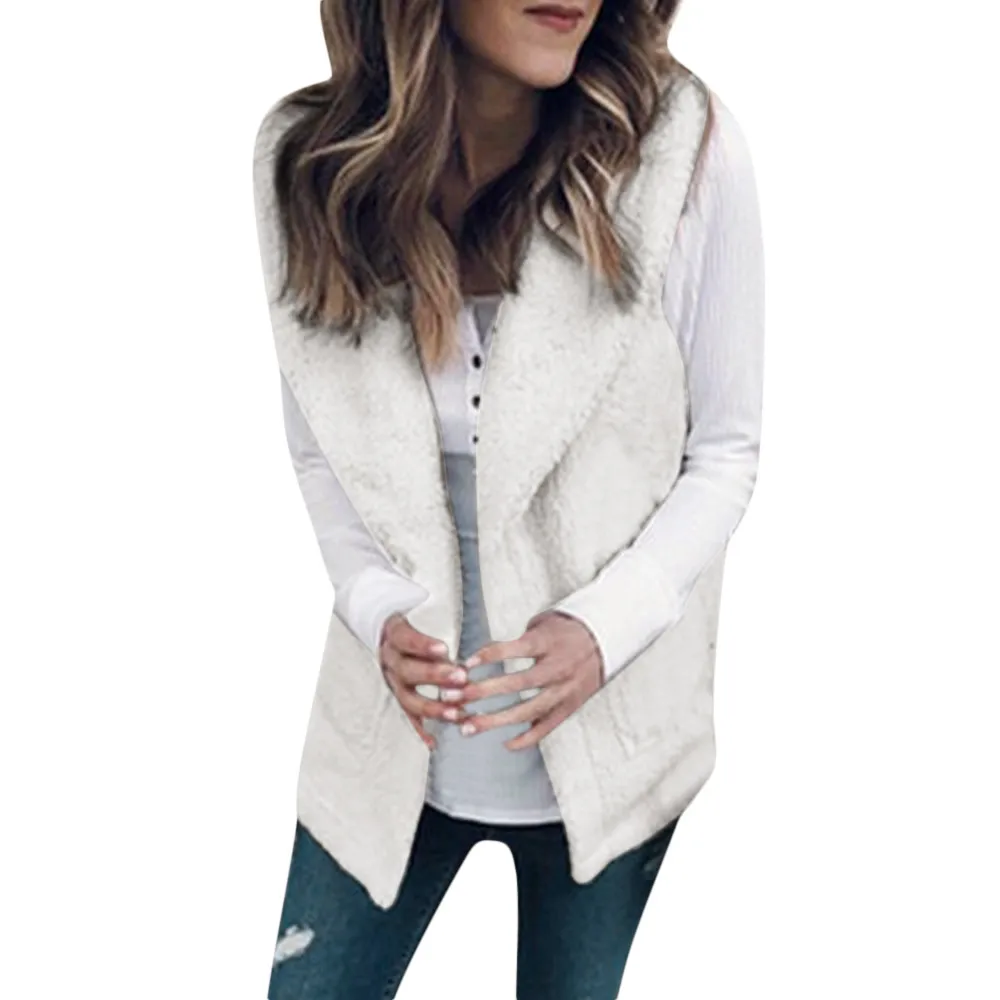 

Women Casual Sleeveless Solid Winter Vest Stand Warm Wool Pockets Cardigan Women Waistcoats Coat Outwear jaqueta feminina S*60