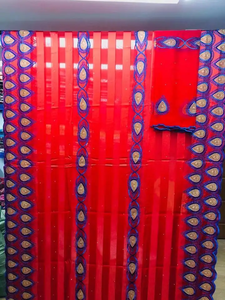 

5Yards Hot sale red african silk lace fabric blue embroidery and 2yards french blouse lace set for dress HZ1-1