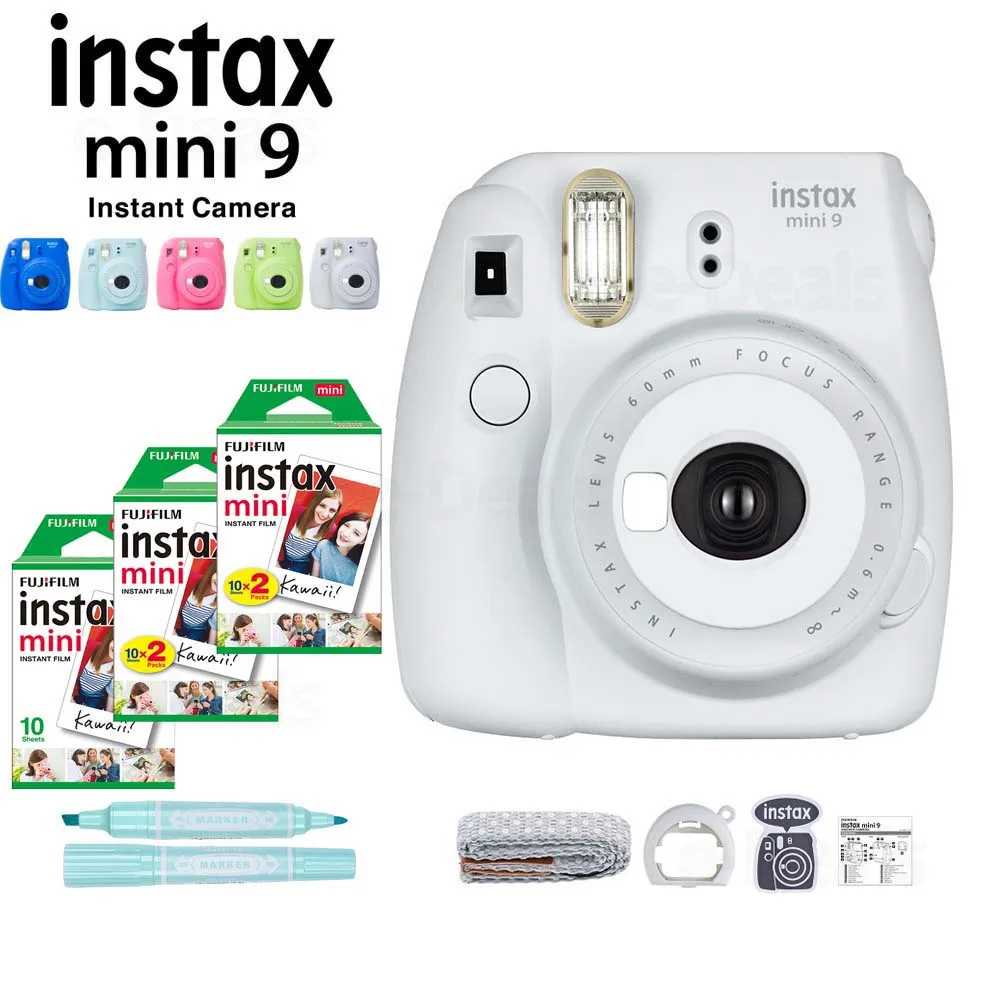 5 цветов Fujifilm Instax Mini 9 мгновенная камера+ 50 листов Fuji Instax Мини пленка белая фотобумага+ маркер+ объектив крупным планом+ ремешок - Цвет: Smoky White 50 Set