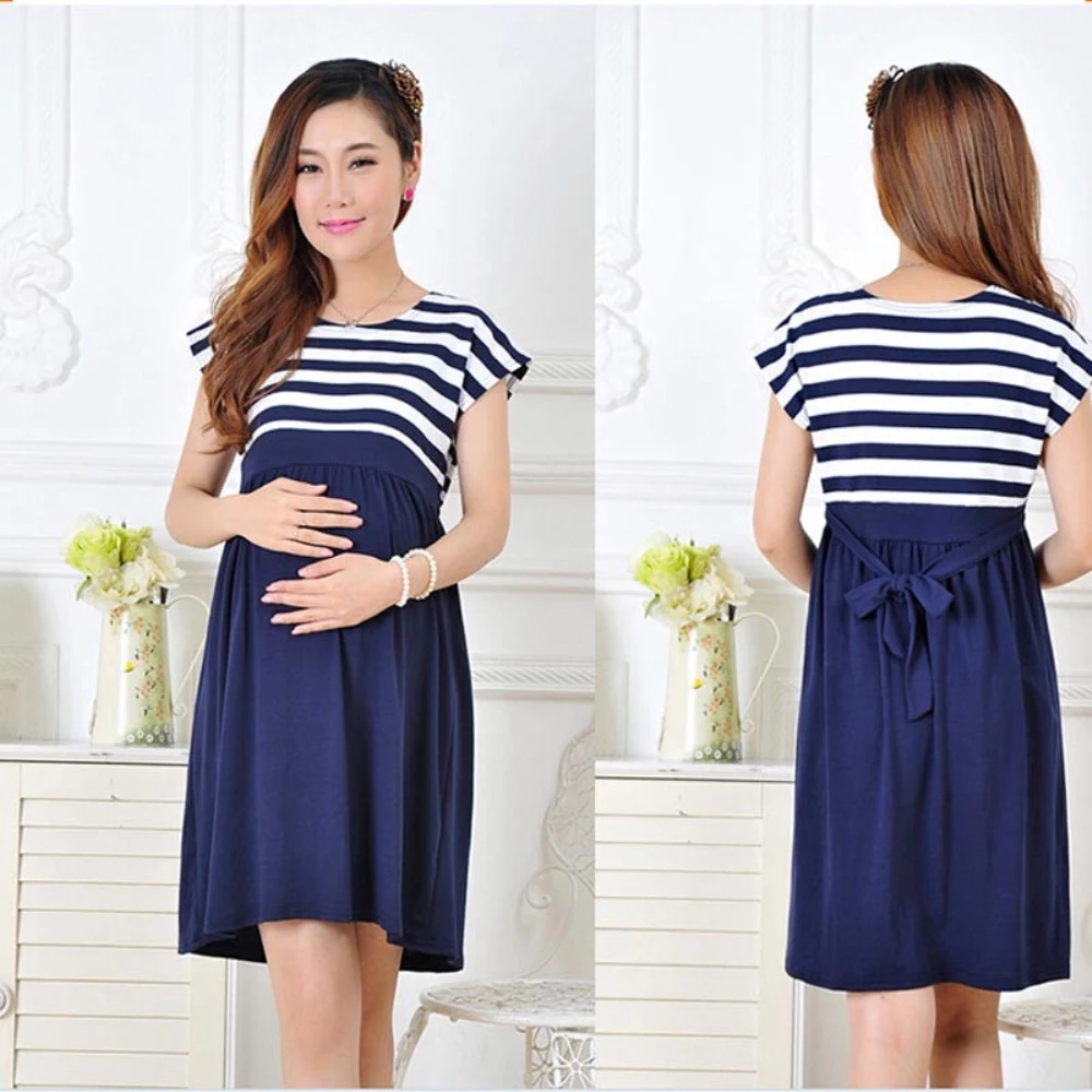 JAYCOSIN Casual Stripe Summer Pregnant Dresses Short Sleeve Maternity