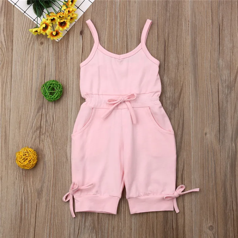 2-6 Years Baby Girls Overalls Sleeveless Sling Girls Bodysuits Solid Pink Black Blue Baby Rompers Cropped Pants Toddler Playsuit - Цвет: Розовый