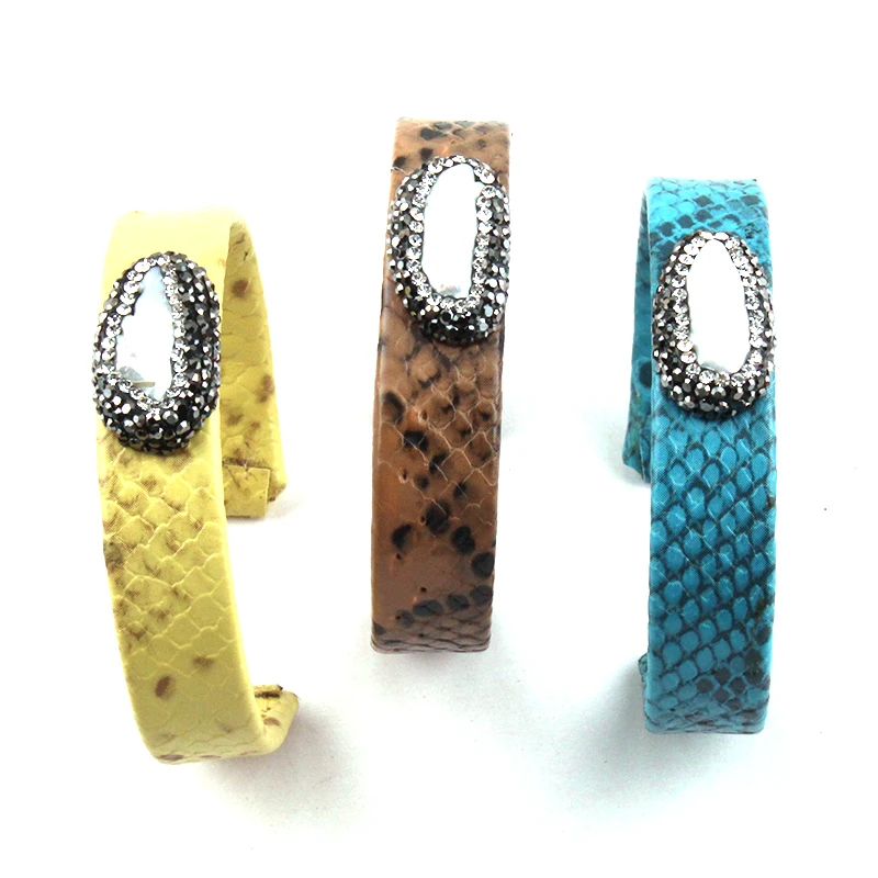 

Fashion Handmade Paved Blue & Pearl Leather Cuff Bracelets & Bangles For Women