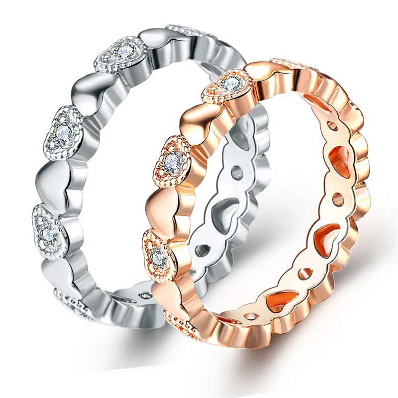 

BOAKO Silver/Rose Gold Stackable Ring Heart Shape Wave & Clear CZ Finger Rings for Women Jewelry anillos mujer X7-M2