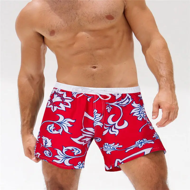 Men Board Shorts Printing Red Flowers Board Short Quick Dry Swimwear Men Sexy Perfect Quality