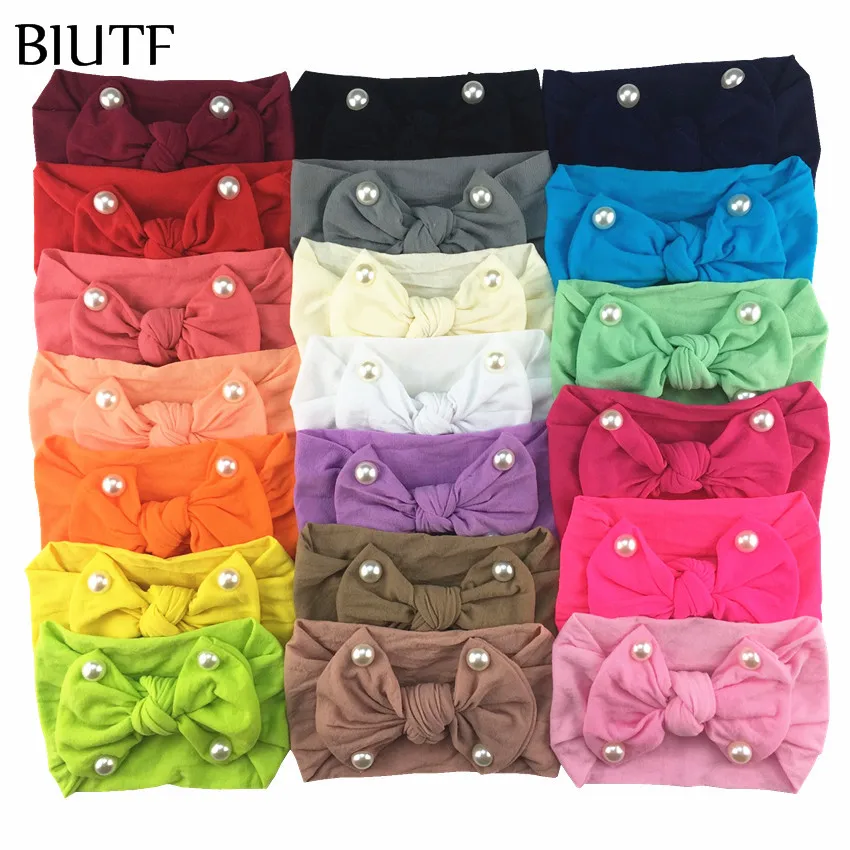 

20pcs/lot Handmade Soft Nylon Elastic Headband Bow Knotted Solid Color Hairband with Pearl Princess Headwear HB085