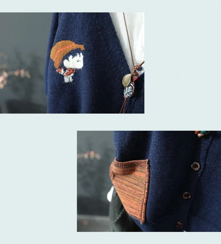 Вязаный хлопковый женский кардиган с рисунком из мультфильма для девушек, Ретро стиль, свободный женский свитер с v-образным вырезом, пальто с карманами, Camisas Femininas