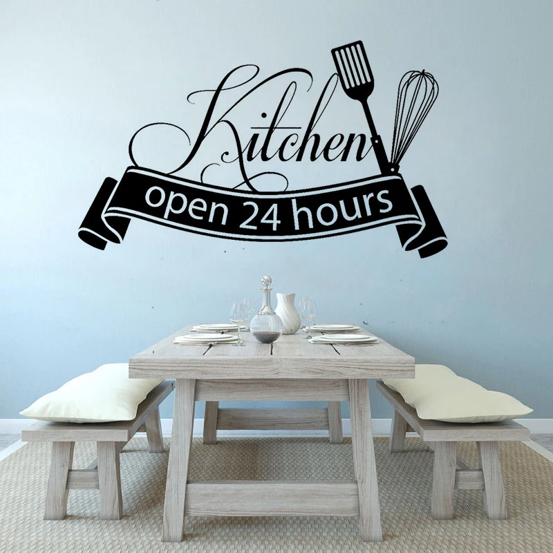 

Restaurant Decor Kitchen Open 24 Hours Quote Wall Decal Cuisine Wall Art Sticker Dinning Room Kitchen Vinyl Poster AZ133
