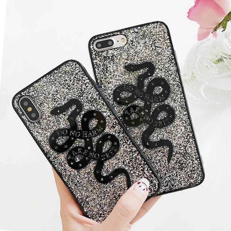 

luxury Animal balck Snake Brand Silicon Soft Phone Case for iPhone 6 6S 7 8 plus X10 Phone Case Glitter Cover Coque Hull Funda