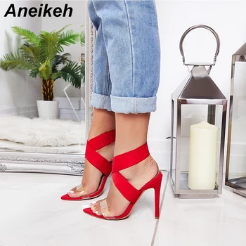 

Aneikeh New Designer Brand Fashion Pointed Toe Open Thin High Heels Sandals Gladiator Bride Red Wedding Party Dress Shoes