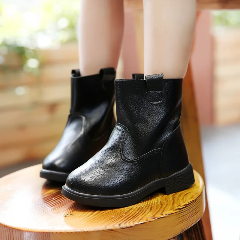 J Ghee/модные ботинки для девочек; детские ботинки для девочек из искусственной кожи; Мягкие резиновые сапоги без шнуровки; обувь для девочек; детская обувь; Рождественский подарок - Цвет: Черный