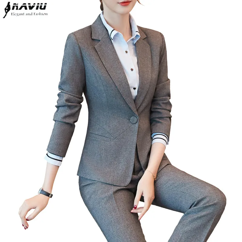 

2018 New Fashion women pant suits formal Business Slim blazer and Trouser office ladies plus size work wear gray black