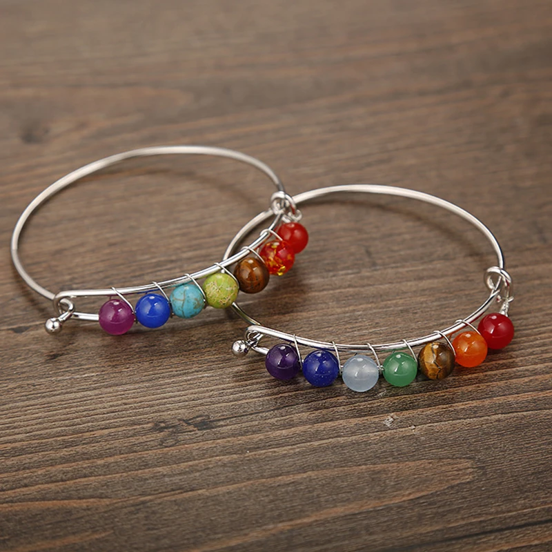 

Bohemia Handmade Multi-Color Natural Stone Round Beads Bangle For Women Accessories Jewelry Fashion Adjustable Bangle Girl Gift