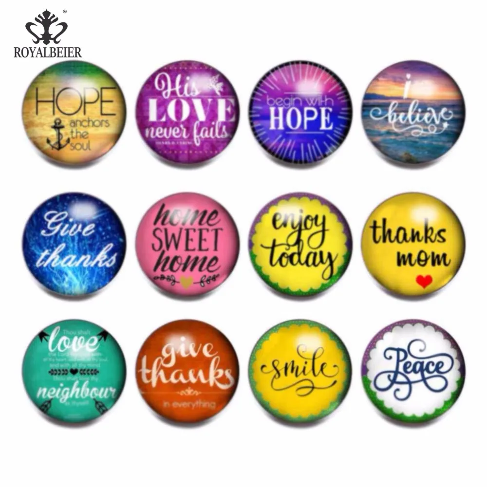 

RoyalBeier 12pcs/lot Love Hope Theme Glass Charms 18mm Snap Button Jewelry For 20mm Snaps Bracelet Snap Jewelry KZ0792