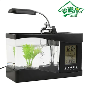 

2017 New Arrival Popular New USB Desktop Mini Fish Tank Aquarium LCD Timer Clock LED Lamp Light Black