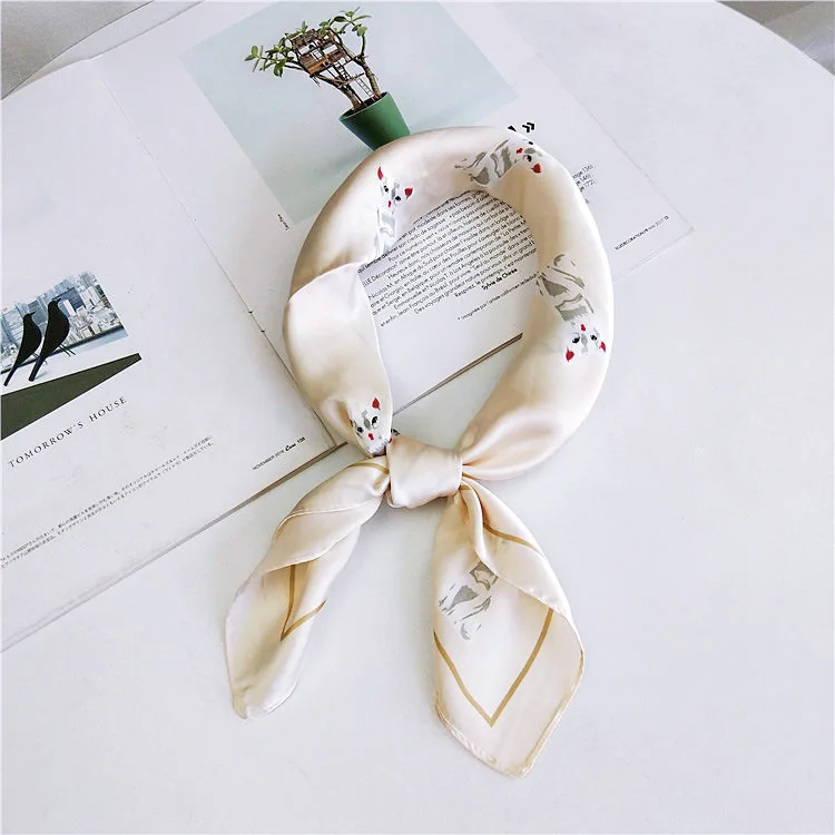 6 цветов с принтом кота бандана квадратный шарф для дам модные аксессуары Шелковый-как волосы платок Женская сумка шарф 60*60 см - Цвет: Белый