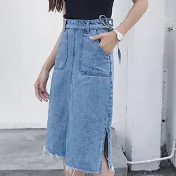 Трапециевидная джинсовая миди юбка для женщин длиной до колена с высокой талией джинсовая юбка летняя повседневная с карманами Сплит