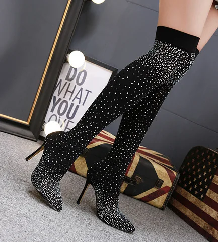 Г. Модные Подиумные ботинки с кристаллами стелька из эластичной ткани женские ботфорты с острым носком на высоком каблуке