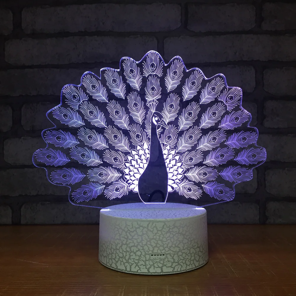 Peacock Night Light Lamp 3D LED Lamp 7 Colorful Table Lamp For Kids Christmas Gift White Base with Touch Switch / Remote