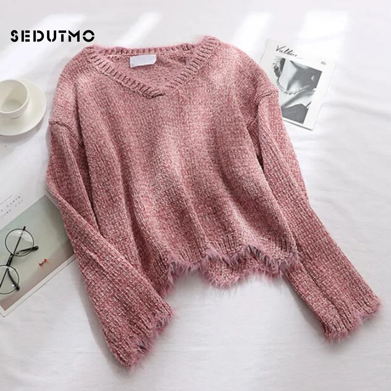 

SEDUTMO Winter Fashion Women Sweater Pullovers Short Oversize Autumn Knitting Sweaters Long Sleeve Jumper V Neck Top ED525