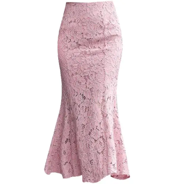 High waist trumpet mermaid pink solid lace midi skirt vintage retro style