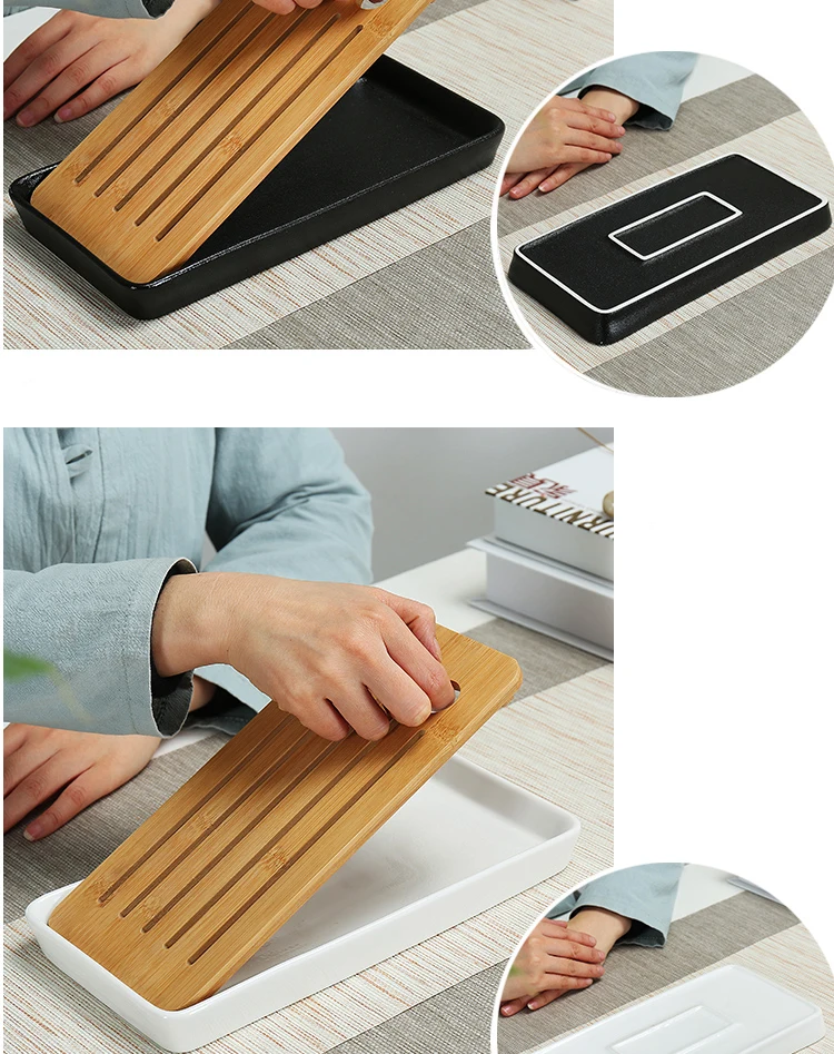 6.2Ceramics Bamboo Tea tray Drainage Water storage Kung Fu Tea set room Board table Chinese tea cup ceremony tools Tea Set