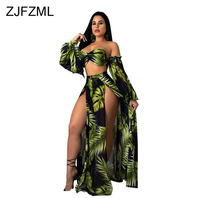 

Floral Print Sexy Three Piece Set Women Lantern Sleeve Crop Top And Triangle Shorts And Double High Split Maxi Skirts Outfits