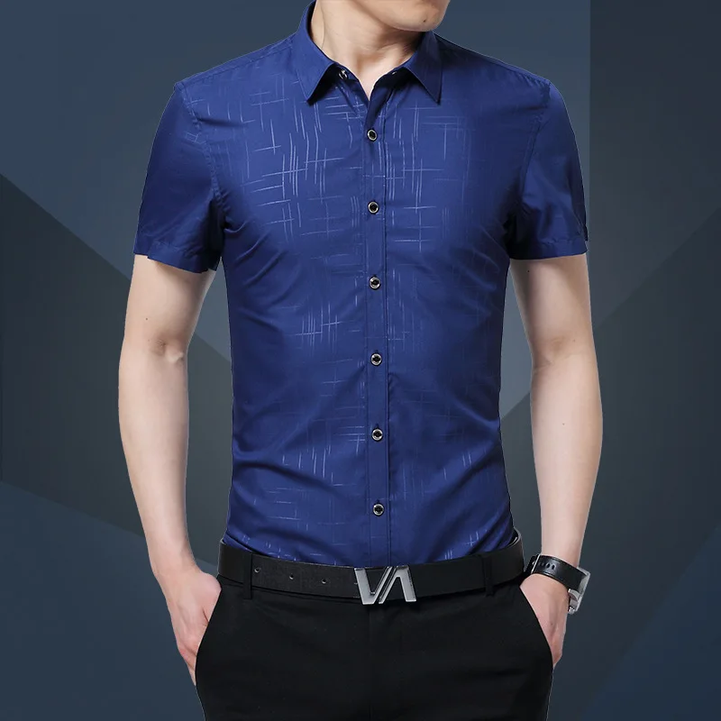 

1pcs Men's plus size shirts 2017 Summer Pure silk Thin short sleeves Casual dress shirts Men Skinny shirts overhemd tops boys