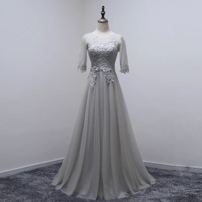 Robe de soiree серое длинное с круглым вырезом на шнуровке аппликация вечернее платье букет вечернее платье vestido de festa платья для выпускного вечера - Цвет: Gray