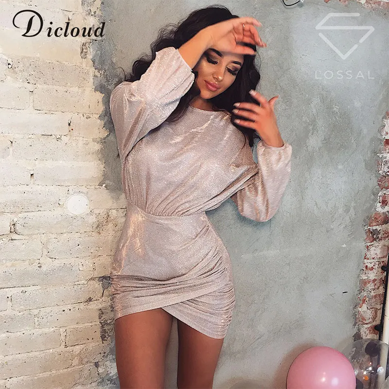 

Dicloud long sleeve night party dresses women reflective sparkling batwing sleeve club bodycon sexy slim wrap dress 2019