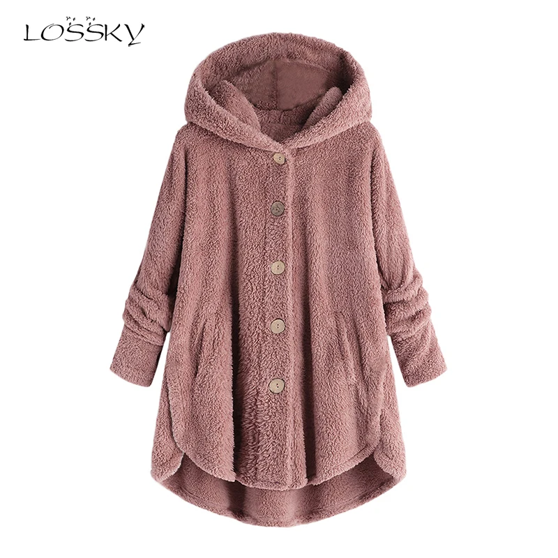 

Lossky Women 2019 Winter Fashion Oversized Plush Hooded Above Knee Casual Cardigan Autumn Thick Coats Solid Color Faux Fur Loose