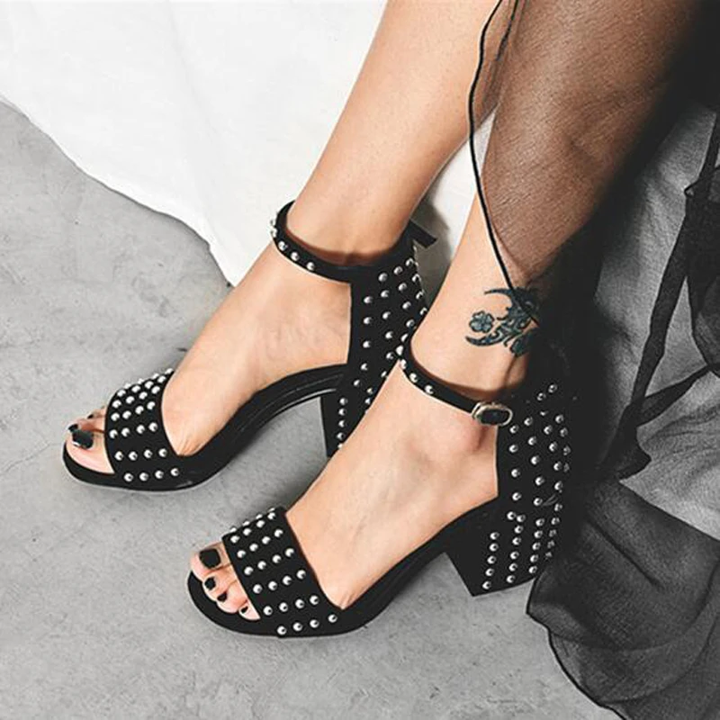 

Hot Sale Rivets Embellished High Heel Ankle Strap Sandals Fashion Trend Party Holiday Dress Shoes Women wholesale drop shipping