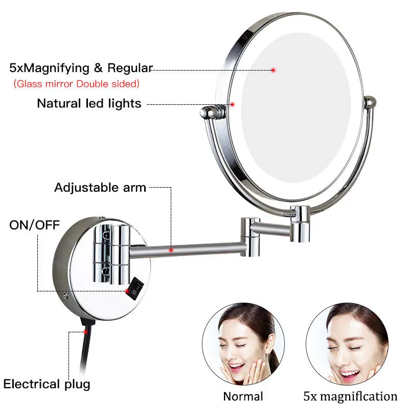 GURUN освещенное косметическое зеркало с увеличением 7X, настенное крепление для ванной комнаты, двустороннее удлиняемое увеличительное бритвенное зеркало, хромированное - Цвет: 8 INCH 5X