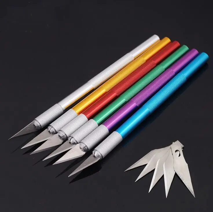 

With 5pcs Metal Blade Handle Scalpel Knife Wood Paper Cutter Craft Pen Engraving Cutting Supplies DIY Stationery Utility Knife