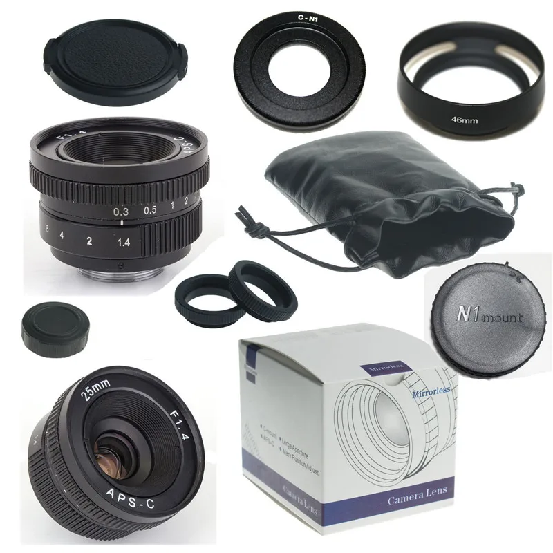 

GOOD 25mm f/1.4 mirroless for APS-C Camera Nikon 1 Samsung NX+C-Nikon1 adapter+lens hood+Macro Ring*2+for Nikon 1 lens rear cap