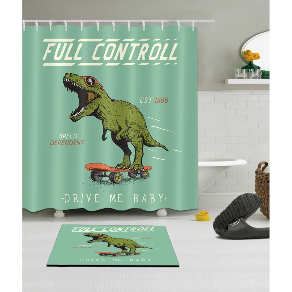 

LB Cartoon Funny "Full Control Drive Me Baby" Dinosaur Shower Curtain And Mat Set Polyester Bathroom Fabric For Bathtub Decor