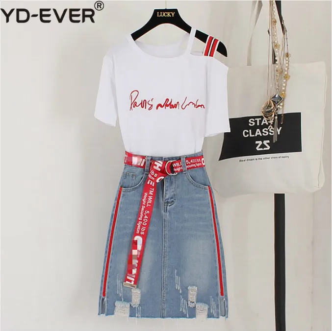 

2019 New Fashion Summer Women's Strapless Letter Embroidered Cotton T shirt + Denim Skirt Two-piece Students Jeans Skirt Suits