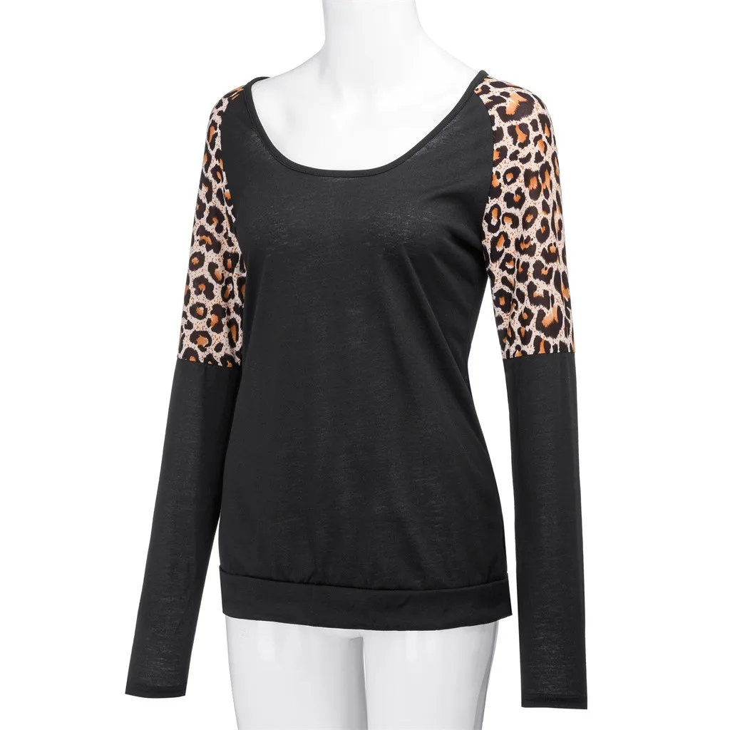 Женские блузки с длинным рукавом, Осенние Лоскутные леопардовые туники с круглым вырезом, рубашки, повседневные женские топы, Blusas Chemise Femme N30