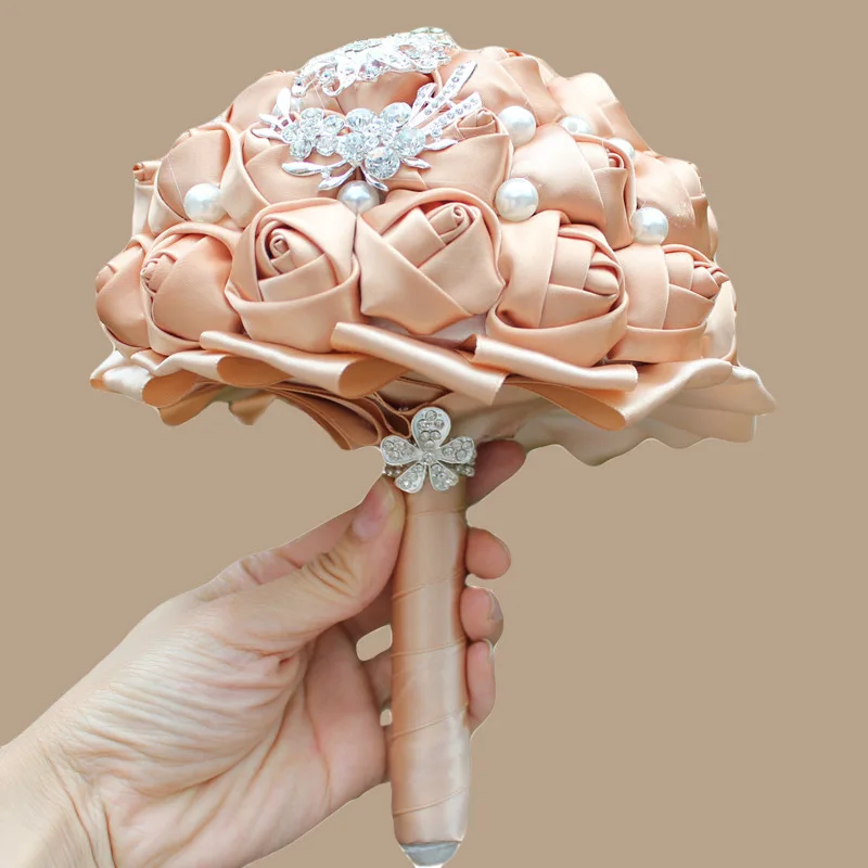 JaneVini Романтический атласный Свадебный букет цветок кристаллы жемчуг розы ручной работы бутоньерки де Mariage Artificiel