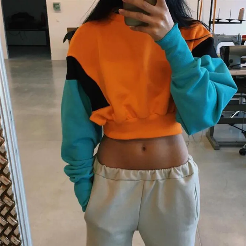 

2019 Women Long Sleeve Loose Short Crop Tops Patchwork Hoodies Sweatshirts Casual Outwear Autumn Pullover Street Wear tops
