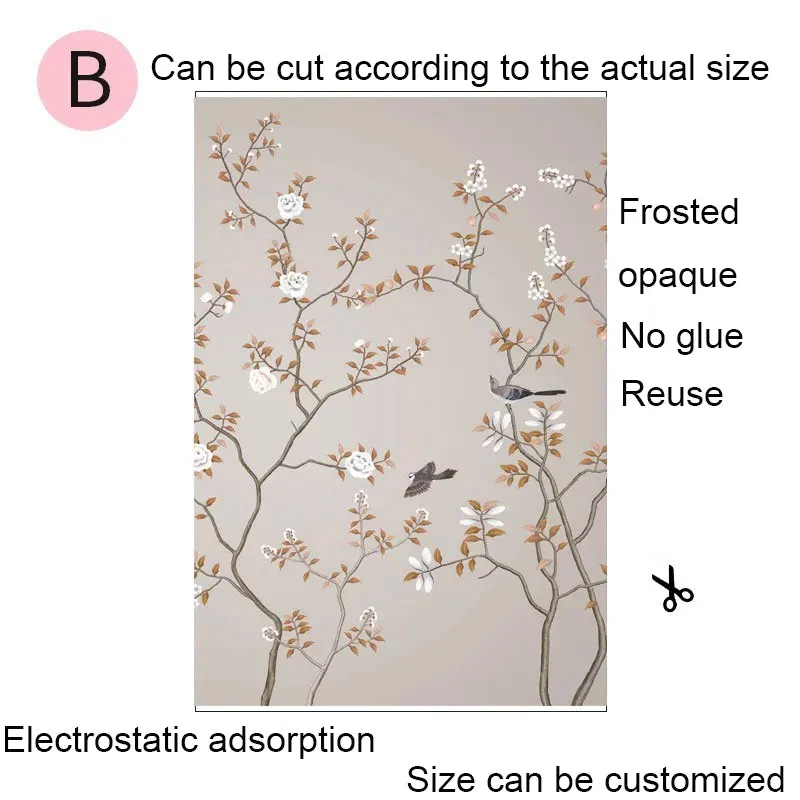 Пленка на окно с цветами и птицами, стеклянная наклейка на дверь в ванную, матовый клей-антистатик, самоклеющаяся, индивидуальная домашняя декоративная пленка - Цвет: 80cm(w)x120cm(h) B